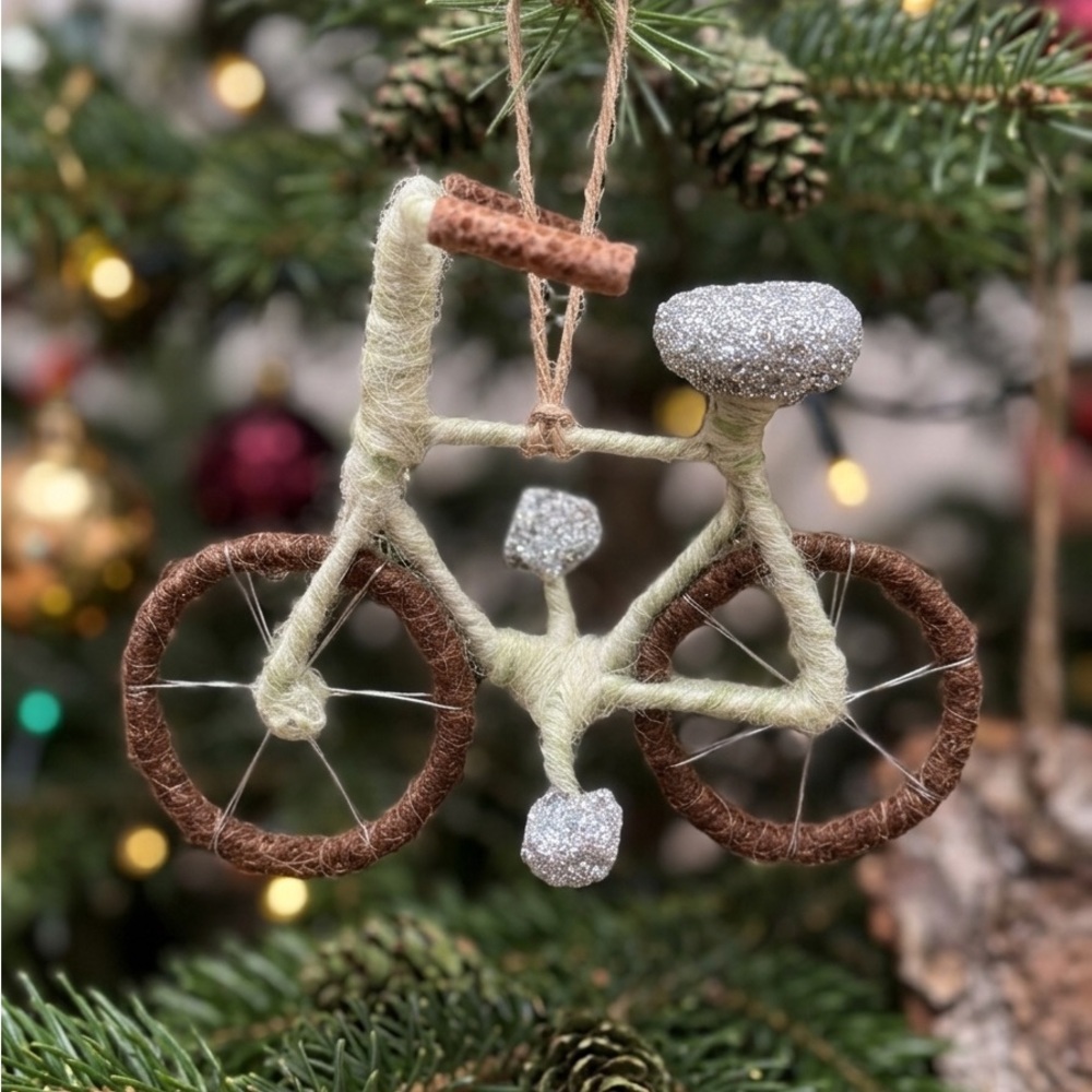 Whimsical Rustic Yarn Bicycle Ornament with Sparkling Silver Accents
